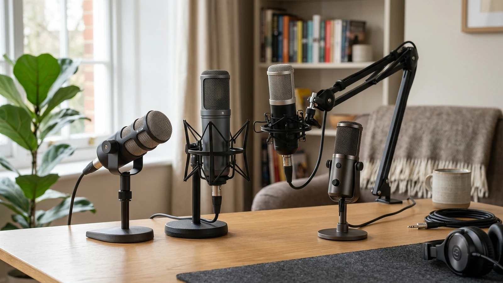 Photorealistic image of podcast microphones for untreated rooms for a UK shortlist buying guide.