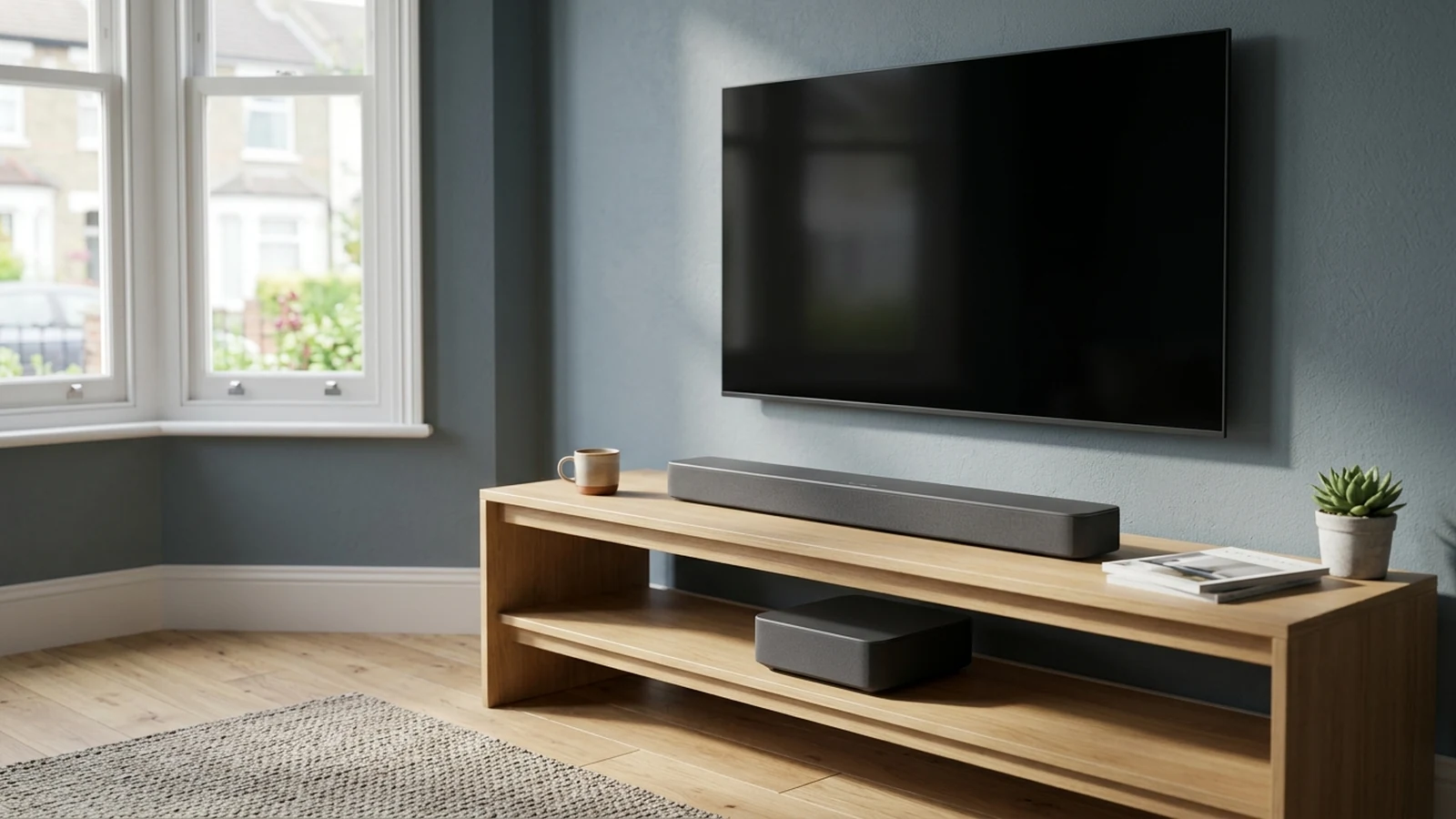 Photorealistic image of soundbars for matchday viewing for a UK shortlist buying guide.