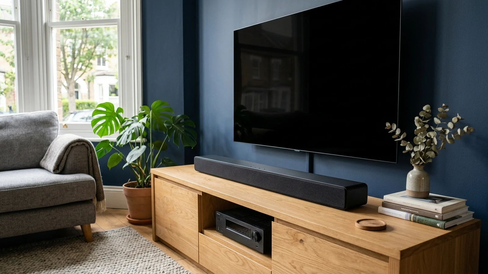 Photorealistic image of soundbars under 300 for a UK shortlist buying guide.
