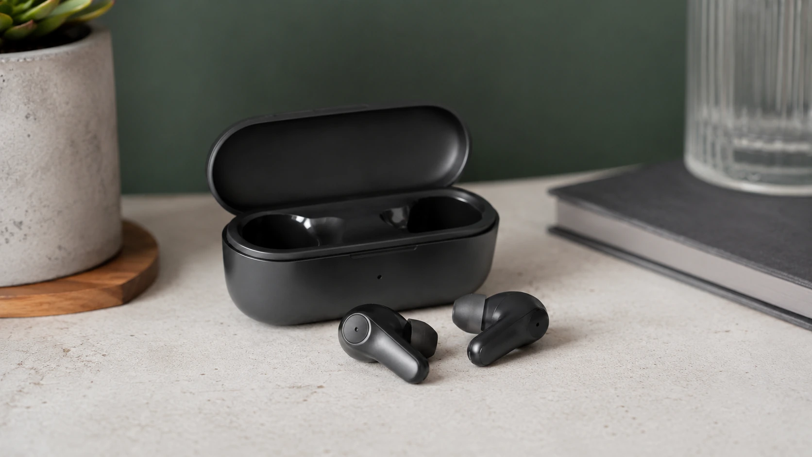 Photorealistic shortlist image for Best True Wireless Earbuds in the UK (2026), showing a clean audio creator gear buying-guide scene.