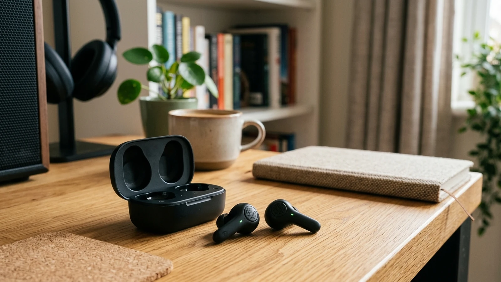 Photorealistic image of true wireless earbuds under 80 for a UK shortlist buying guide.