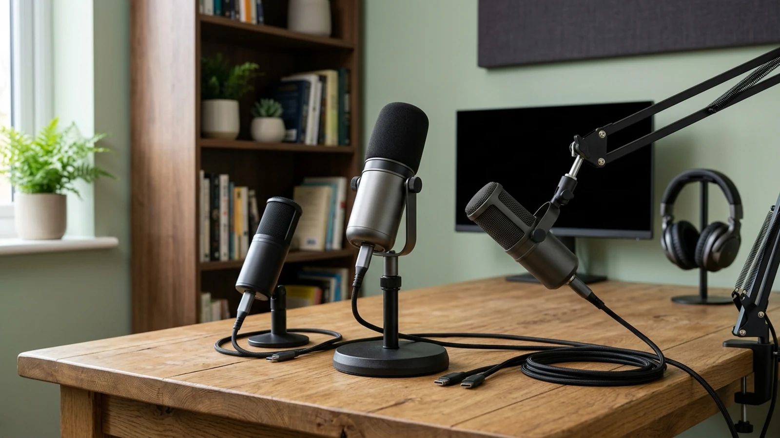 Photorealistic image of usb microphones for podcasts for a UK shortlist buying guide.