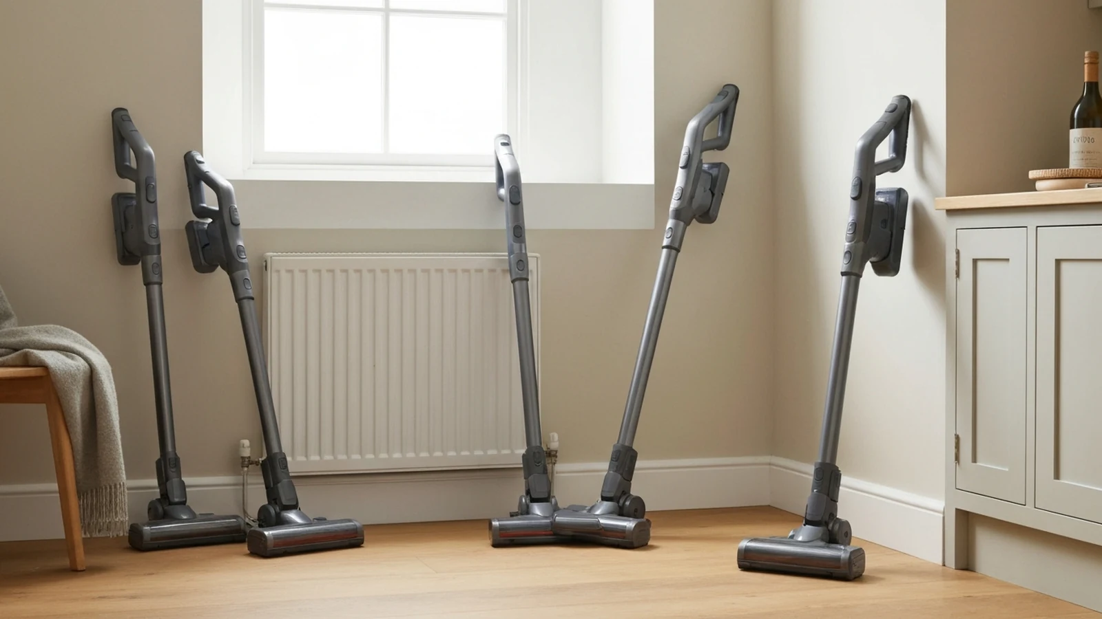 Photorealistic shortlist image for Best Cordless Vacuums for Flats in the UK (2026), showing a clean cleaning-appliances buying-guide scene.