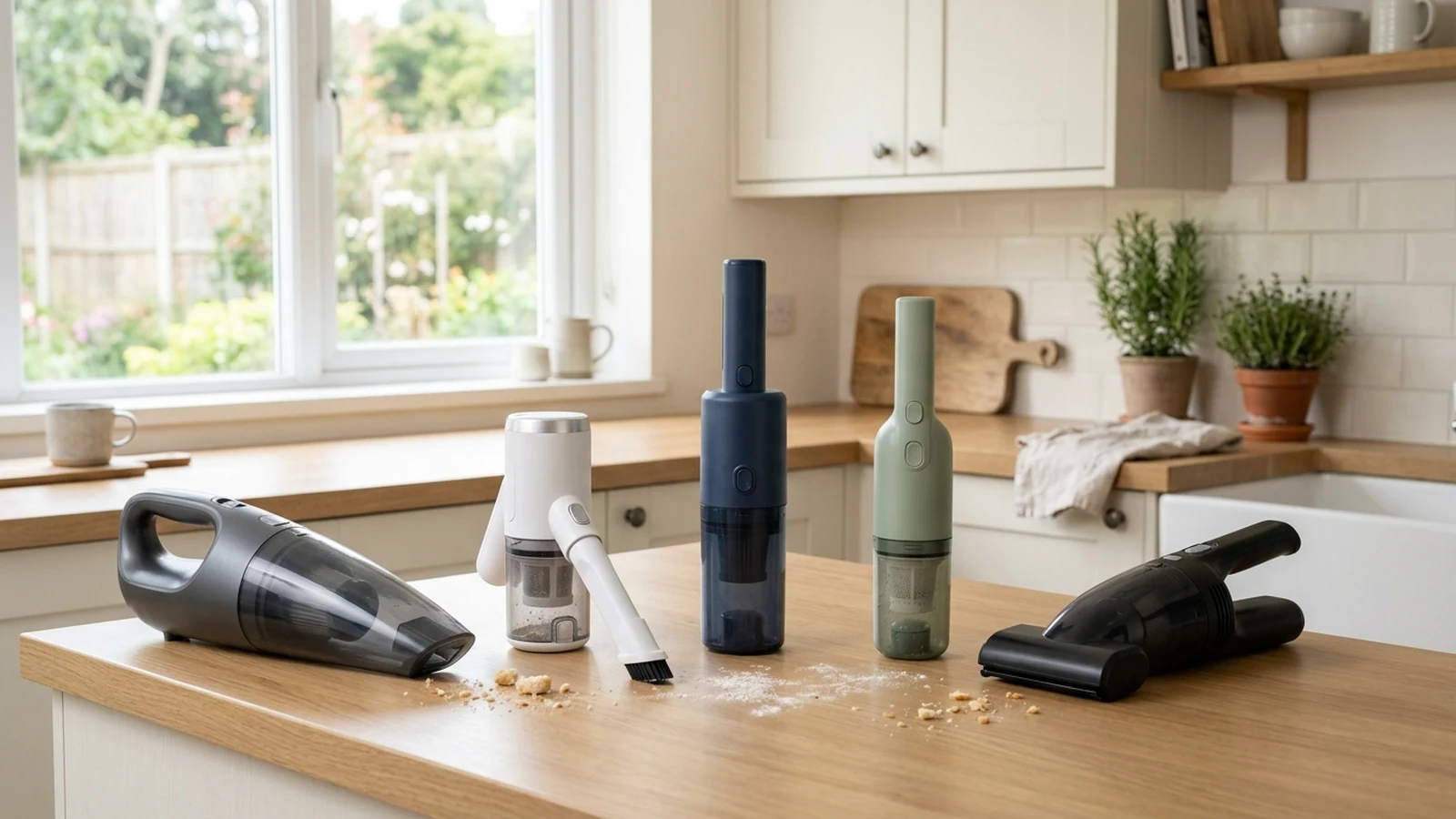 Illustrated shortlist card for handheld vacuums for kitchen crumbs.