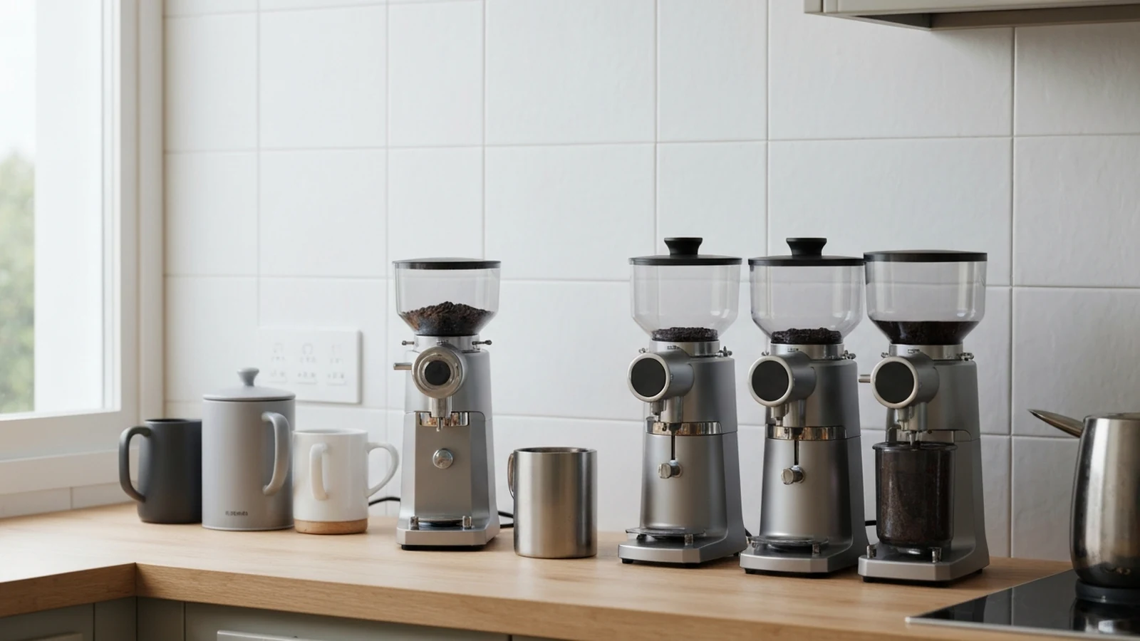 Photorealistic shortlist image for Best Coffee Grinders for Small Kitchens in the UK (2026), showing a clean coffee-machines-barista-gear buying-guide scene.