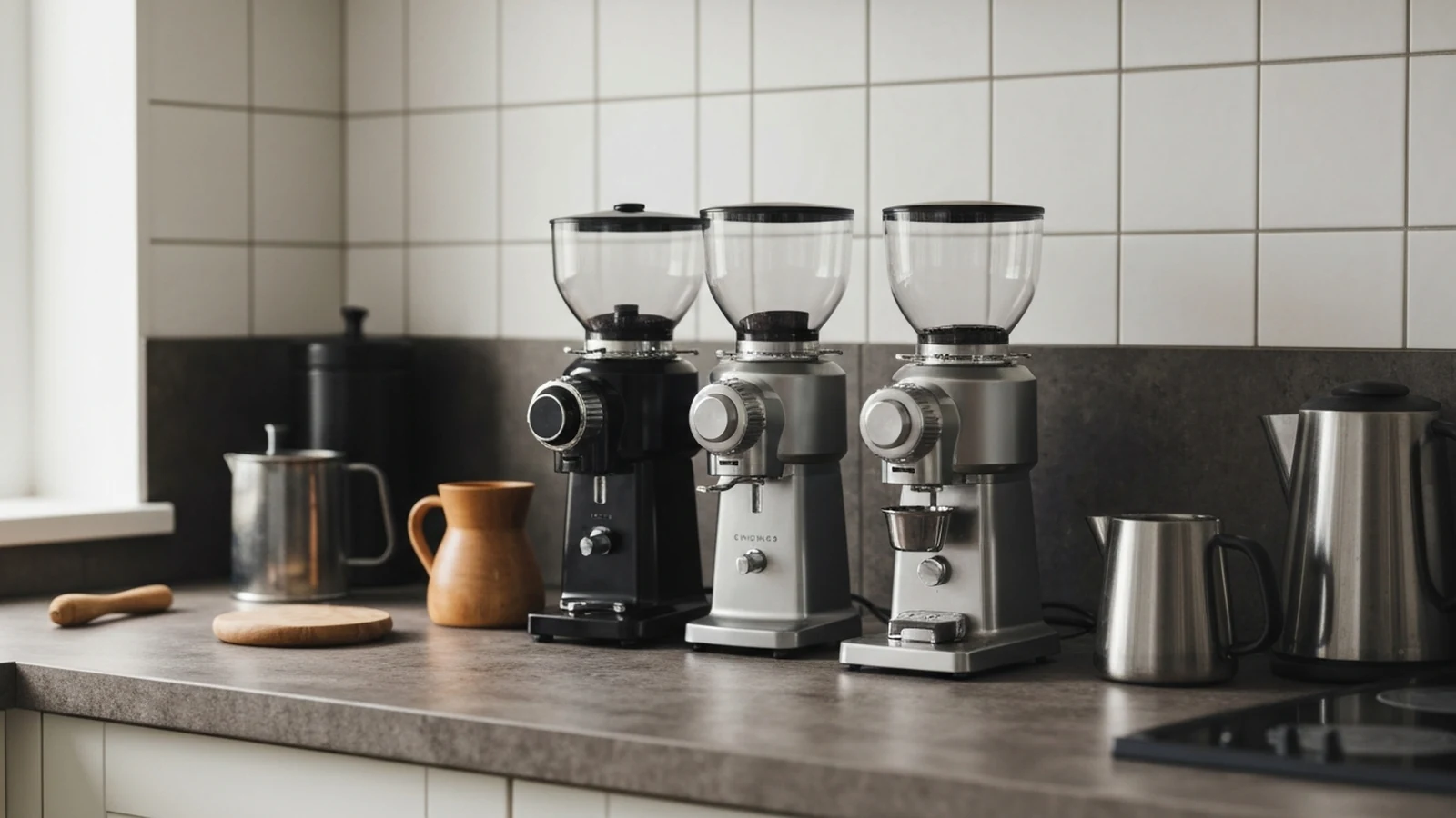 Photorealistic shortlist image for Best Coffee Grinders Under £100 in the UK (2026), showing a clean coffee-machines-barista-gear buying-guide scene.