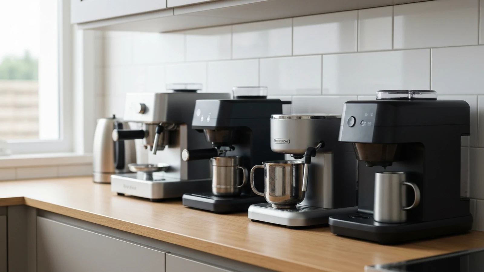 Photorealistic shortlist image for Best Coffee Machines Under £300 in the UK (2026), showing a clean coffee-machines-barista-gear buying-guide scene.