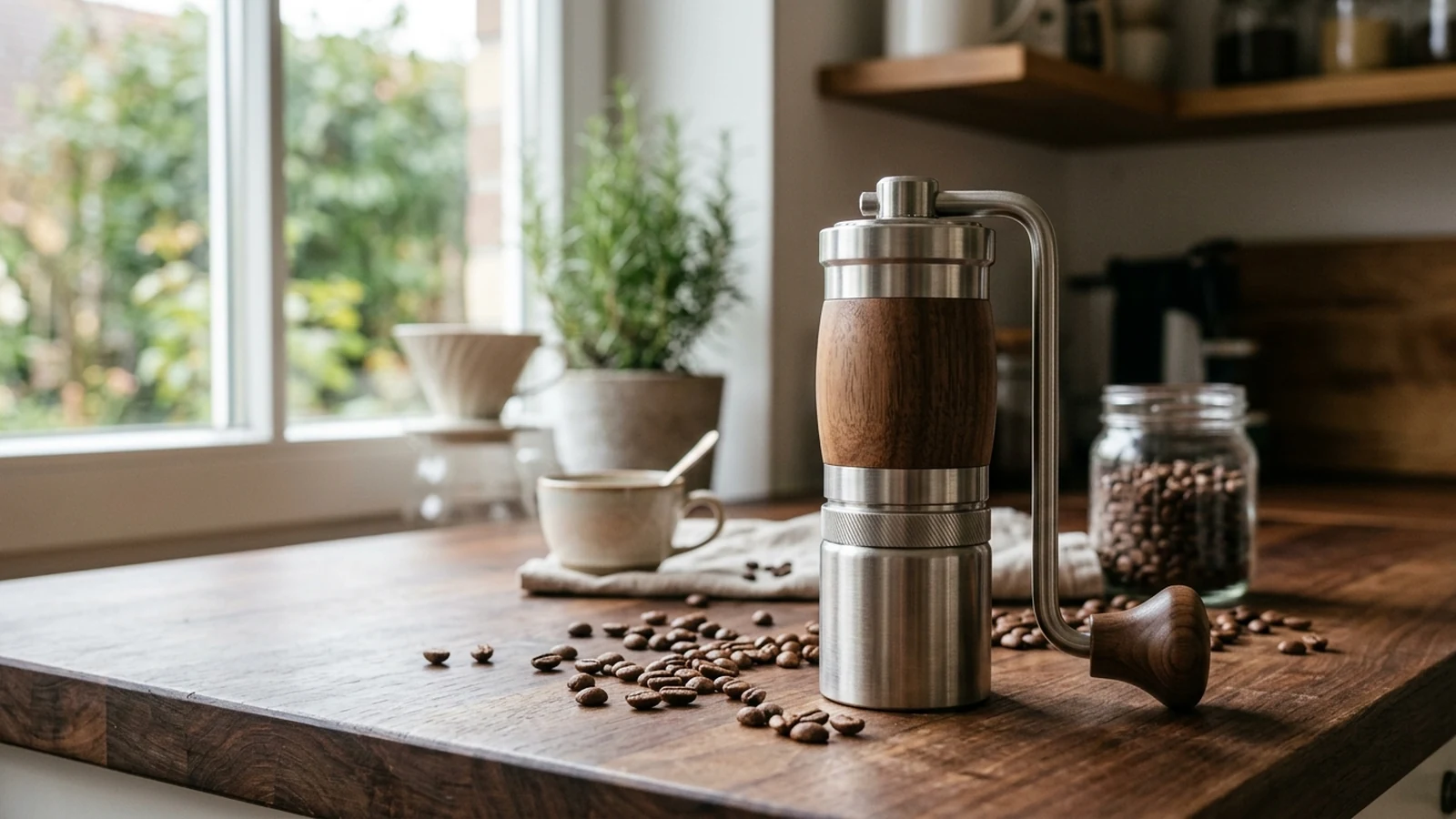 Photorealistic shortlist image for Best Manual Coffee Grinders in the UK (2026), showing a clean coffee-machines-barista-gear buying-guide scene.