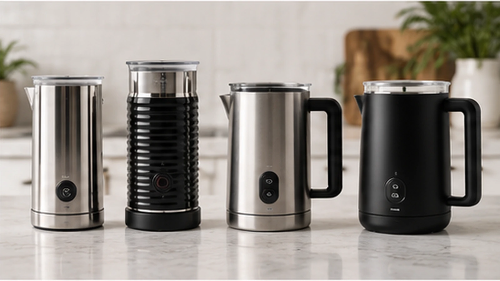 Photorealistic milk-frothing jugs and frothers on a clean kitchen counter for a UK shortlist buying guide.
