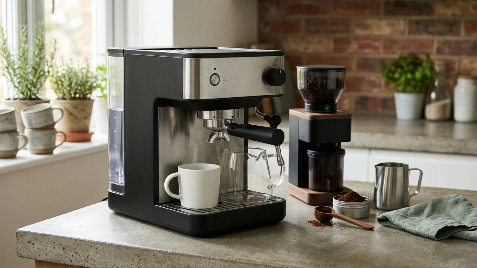Photorealistic image of lower-disruption coffee machines for a UK shortlist buying guide.