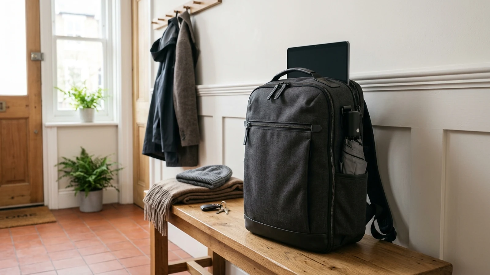 Photorealistic image of laptop backpacks for daily train commutes for a UK shortlist buying guide.