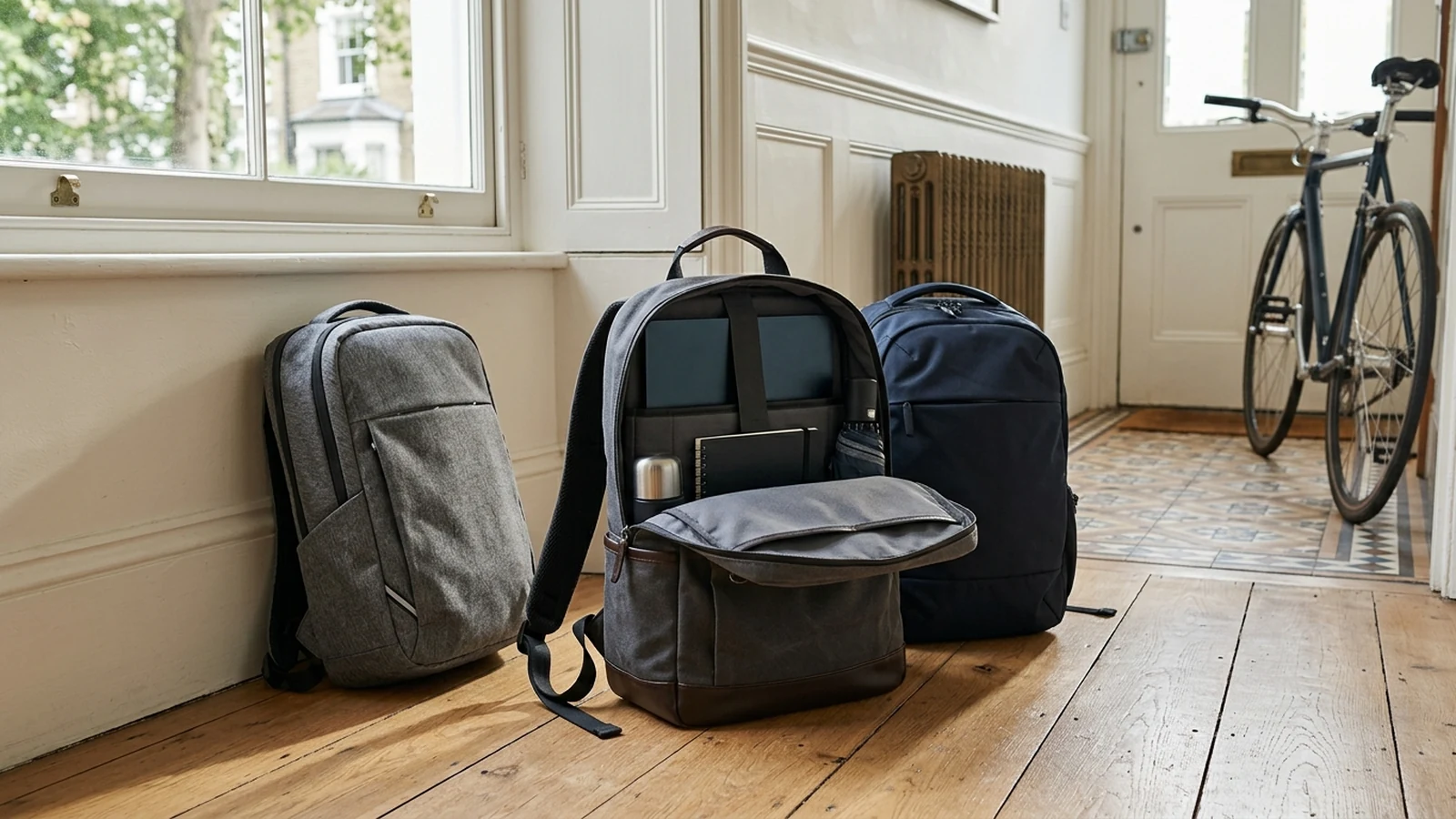 Photorealistic image of laptop backpacks for renter commutes for a UK shortlist buying guide.
