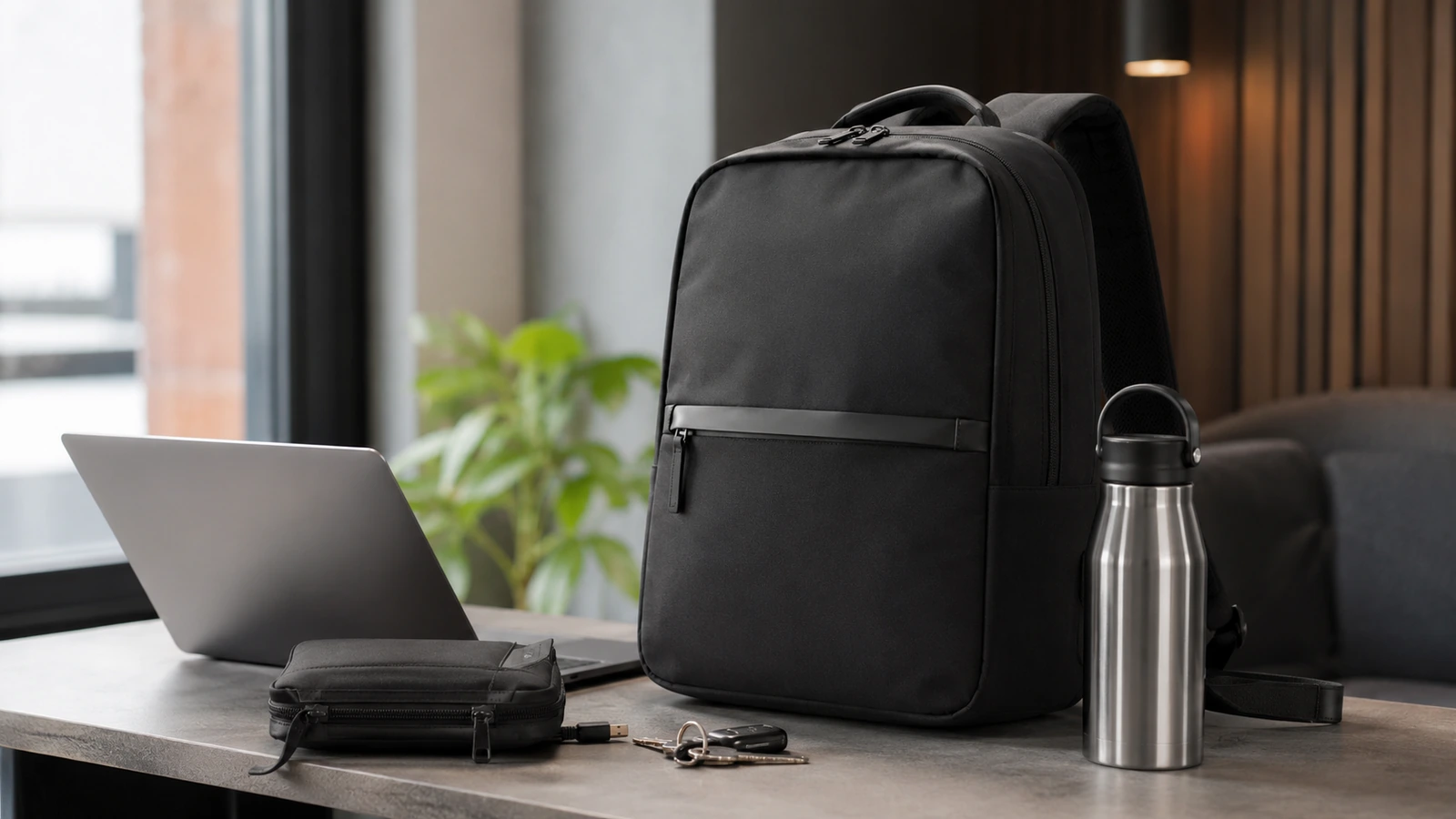 Photorealistic shortlist image for Best Laptop Backpacks in the UK (2026), showing a clean commuting-carry buying-guide scene.