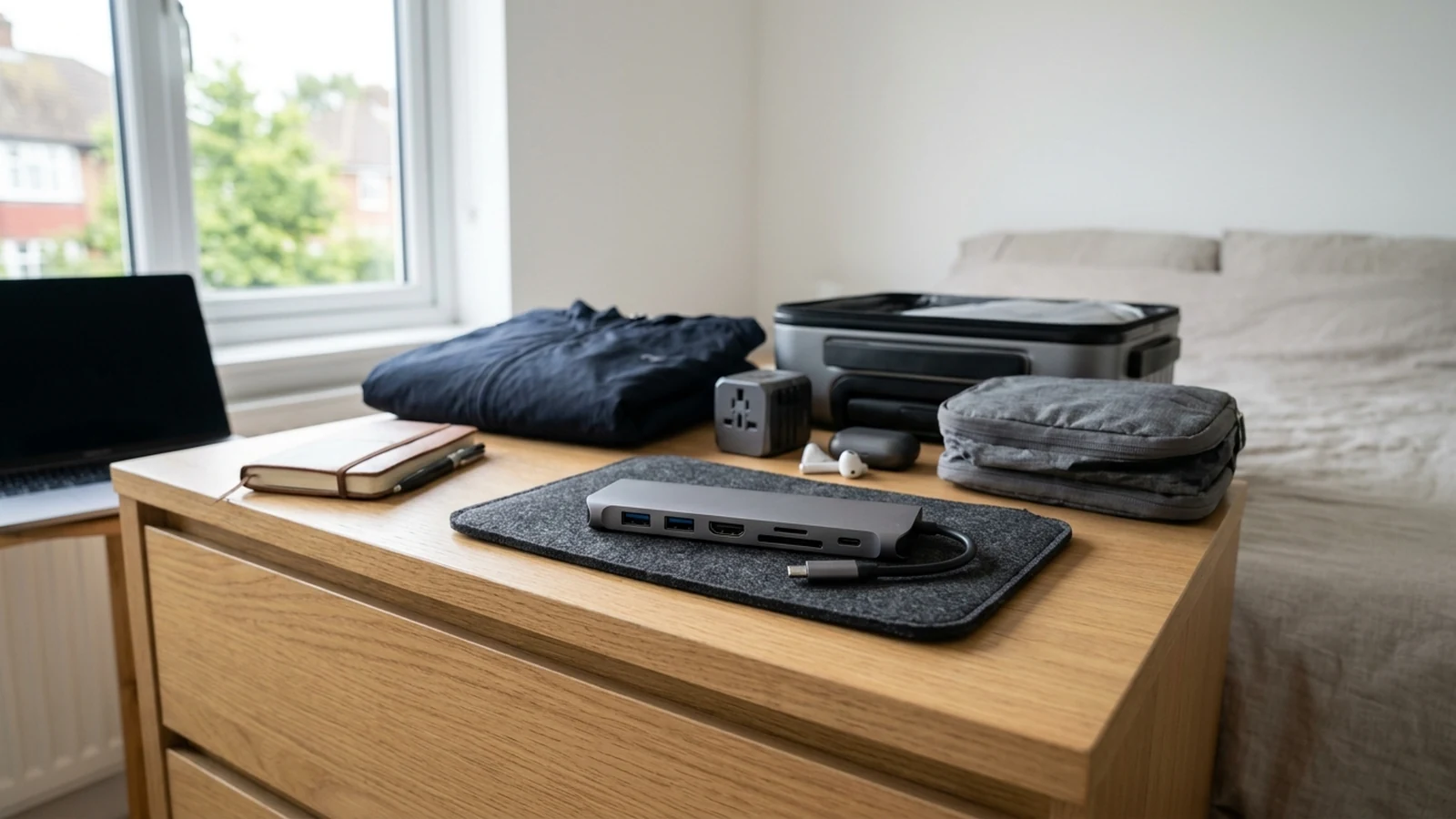 Photorealistic image of multi-port usb-c hubs for travel for a UK shortlist buying guide.