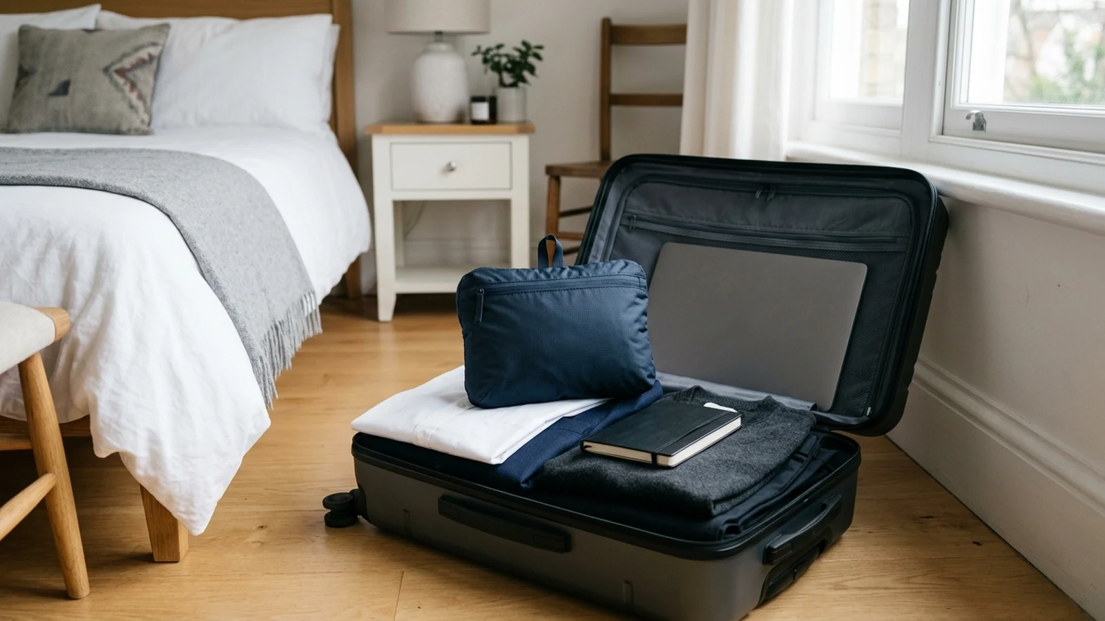 Photorealistic image of packable daypacks for business trips for a UK shortlist buying guide.