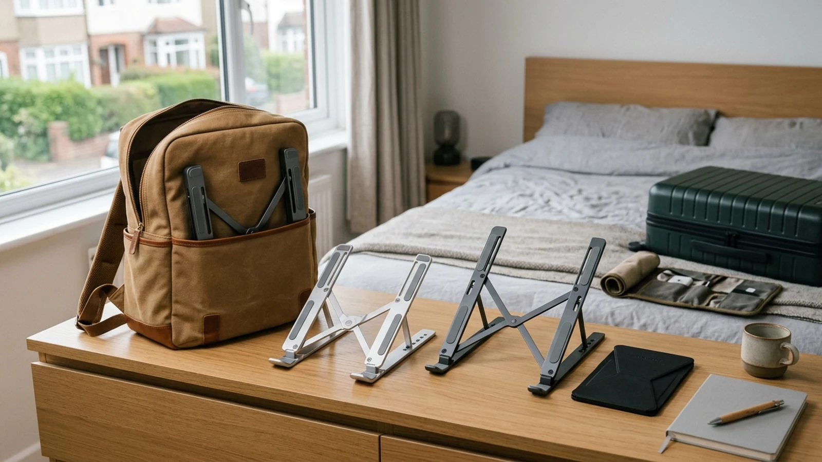 Photorealistic image of portable laptop stands for a UK shortlist buying guide.