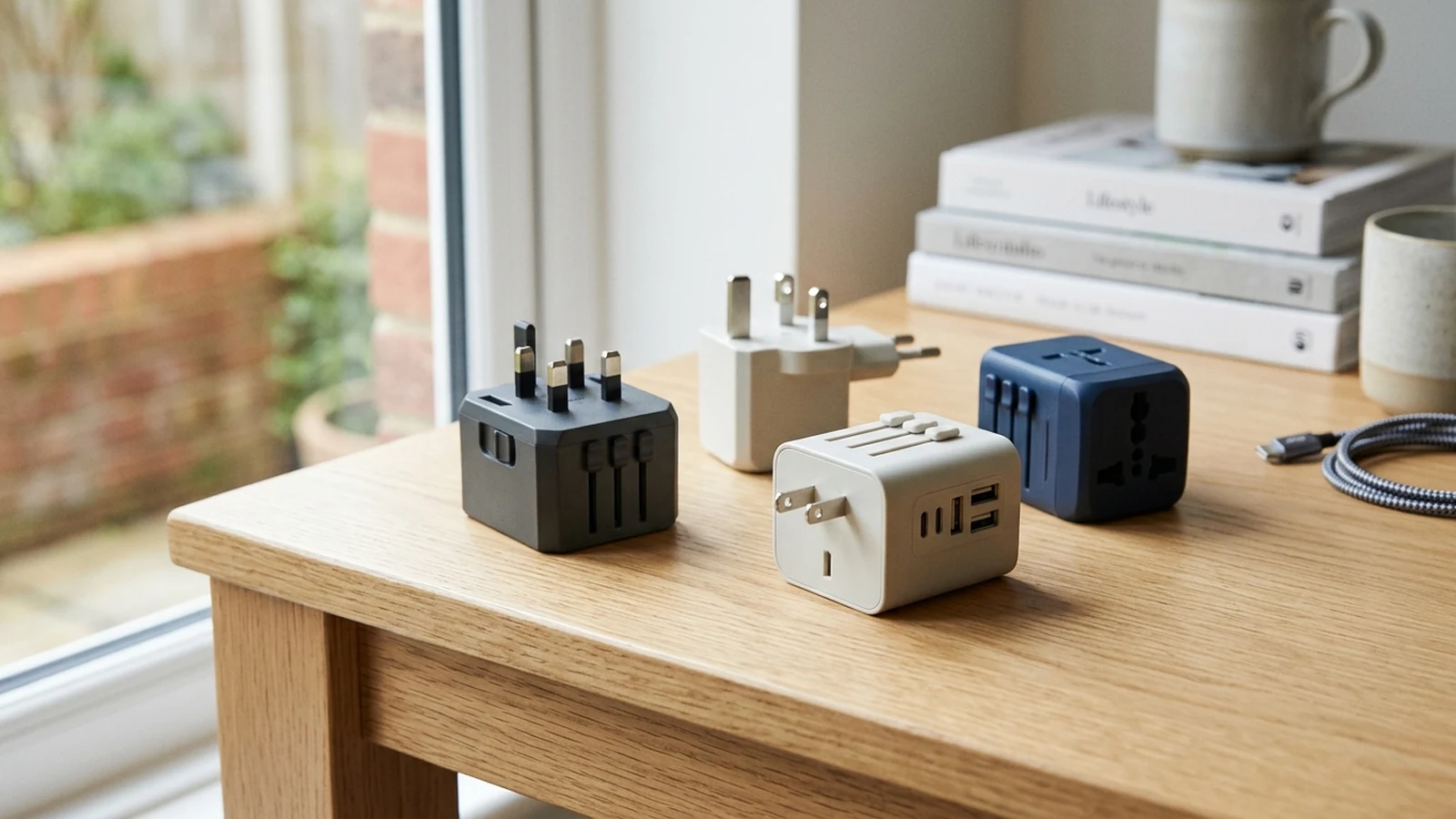 Photorealistic image of travel adapters for a UK shortlist buying guide.