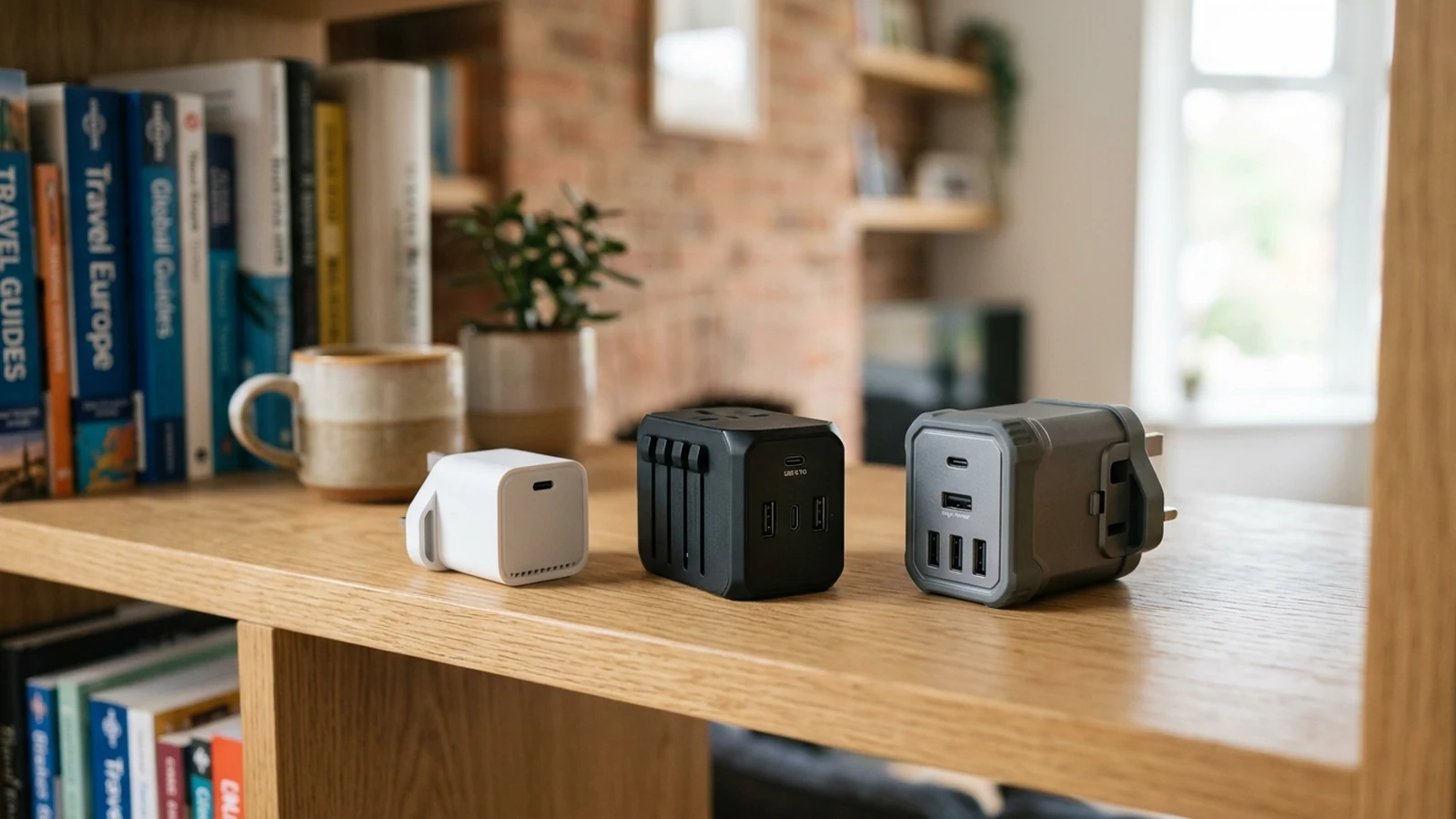 Photorealistic image of travel adapters with usb-c for a UK shortlist buying guide.