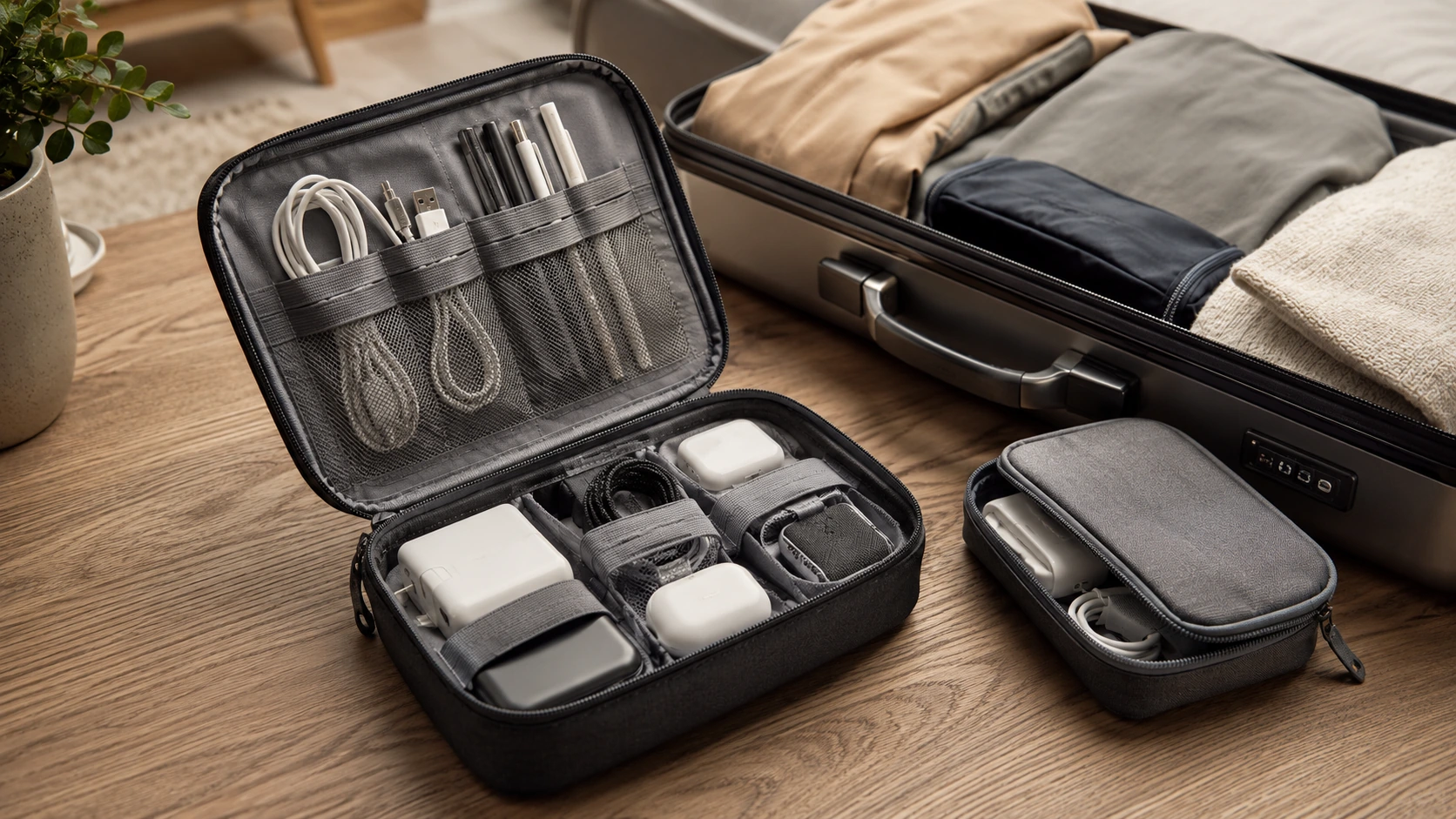 Illustrated shortlist cover for Best Travel Tech Pouches in the UK (2026).