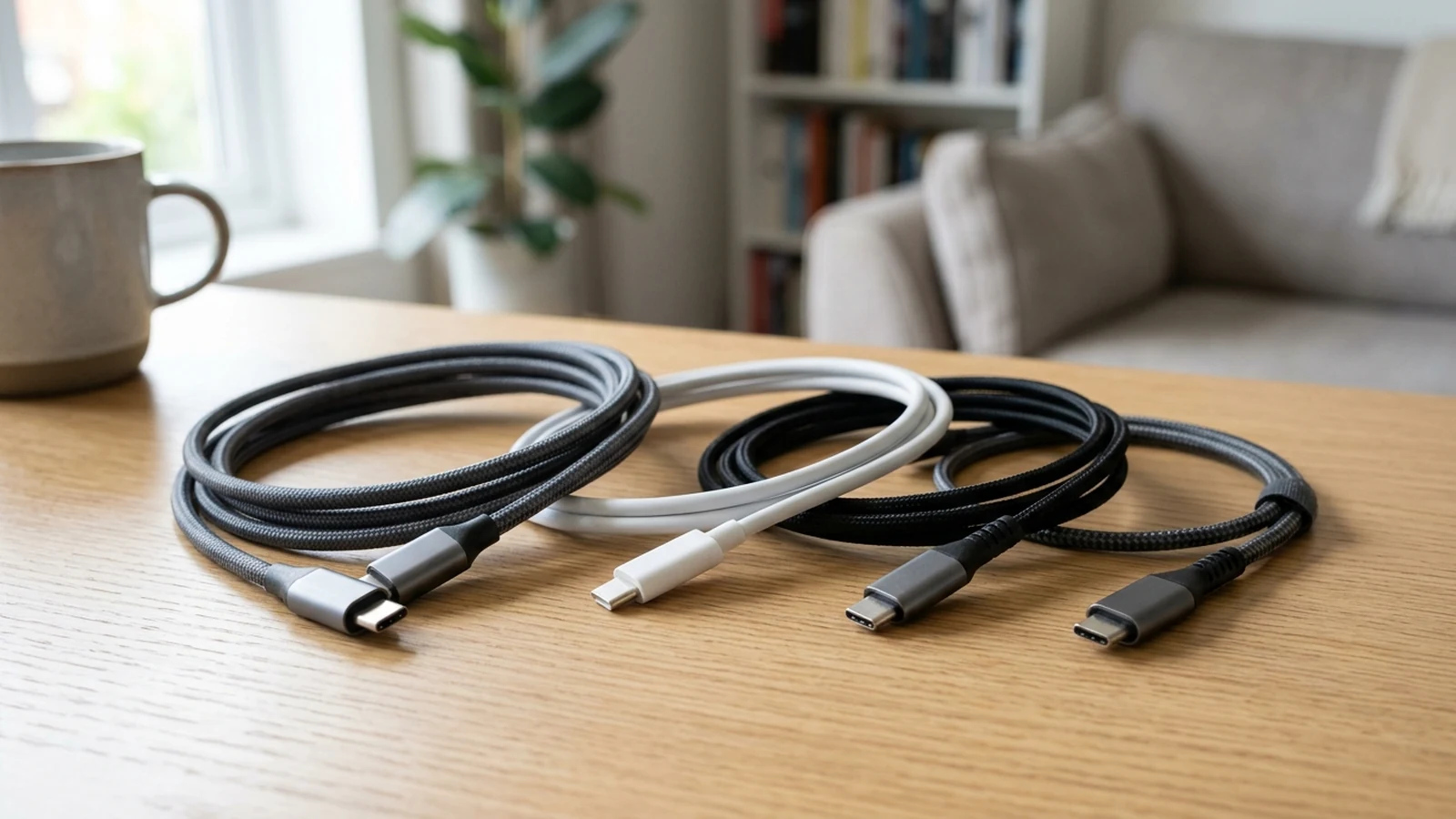 Photorealistic image of usb-c cables for a UK shortlist buying guide.