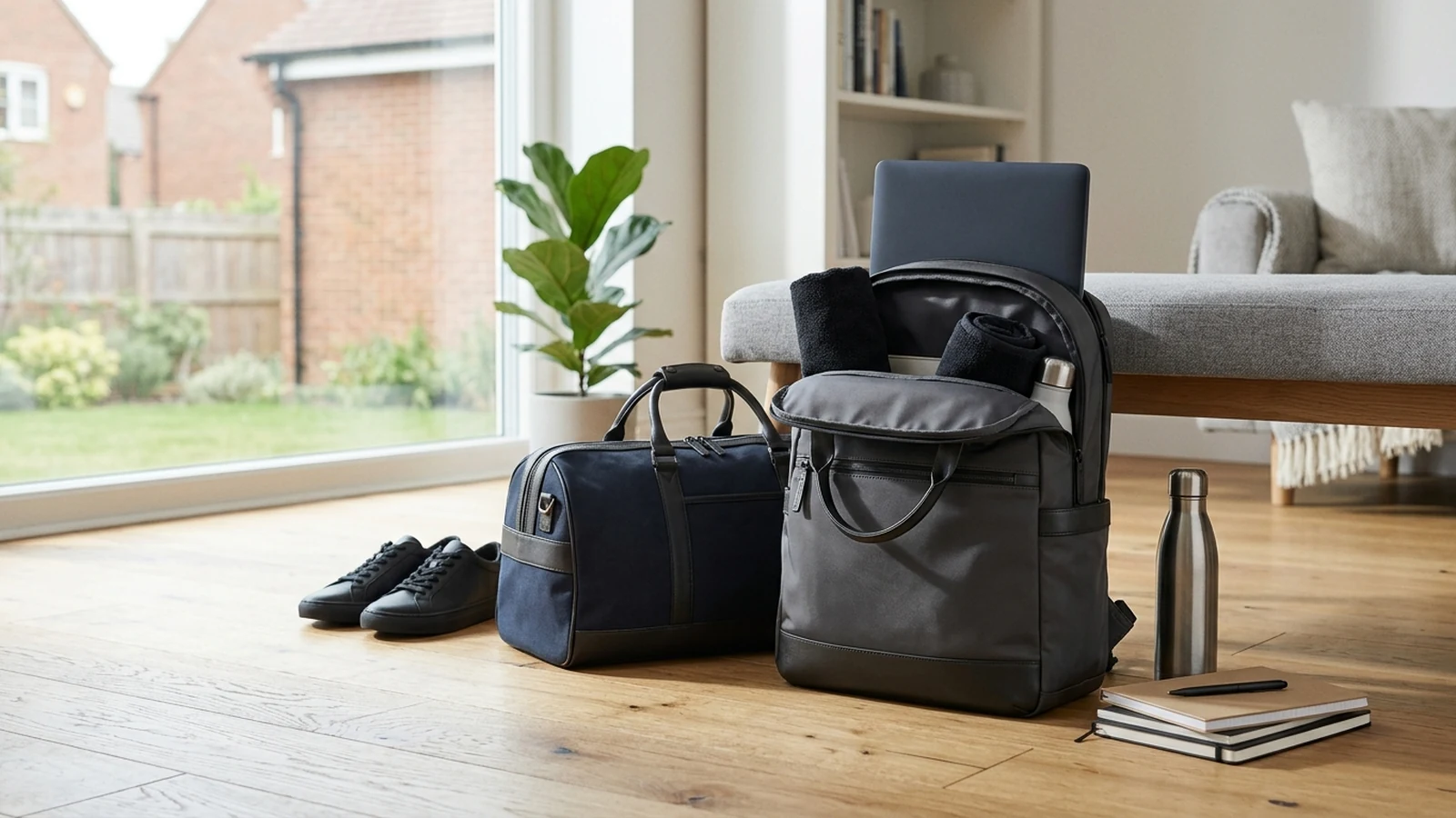 Photorealistic image of work bags for laptop and gym kit for a UK shortlist buying guide.