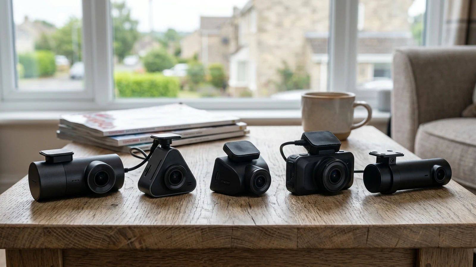 Photorealistic image of screenless dash cams for a UK shortlist buying guide.