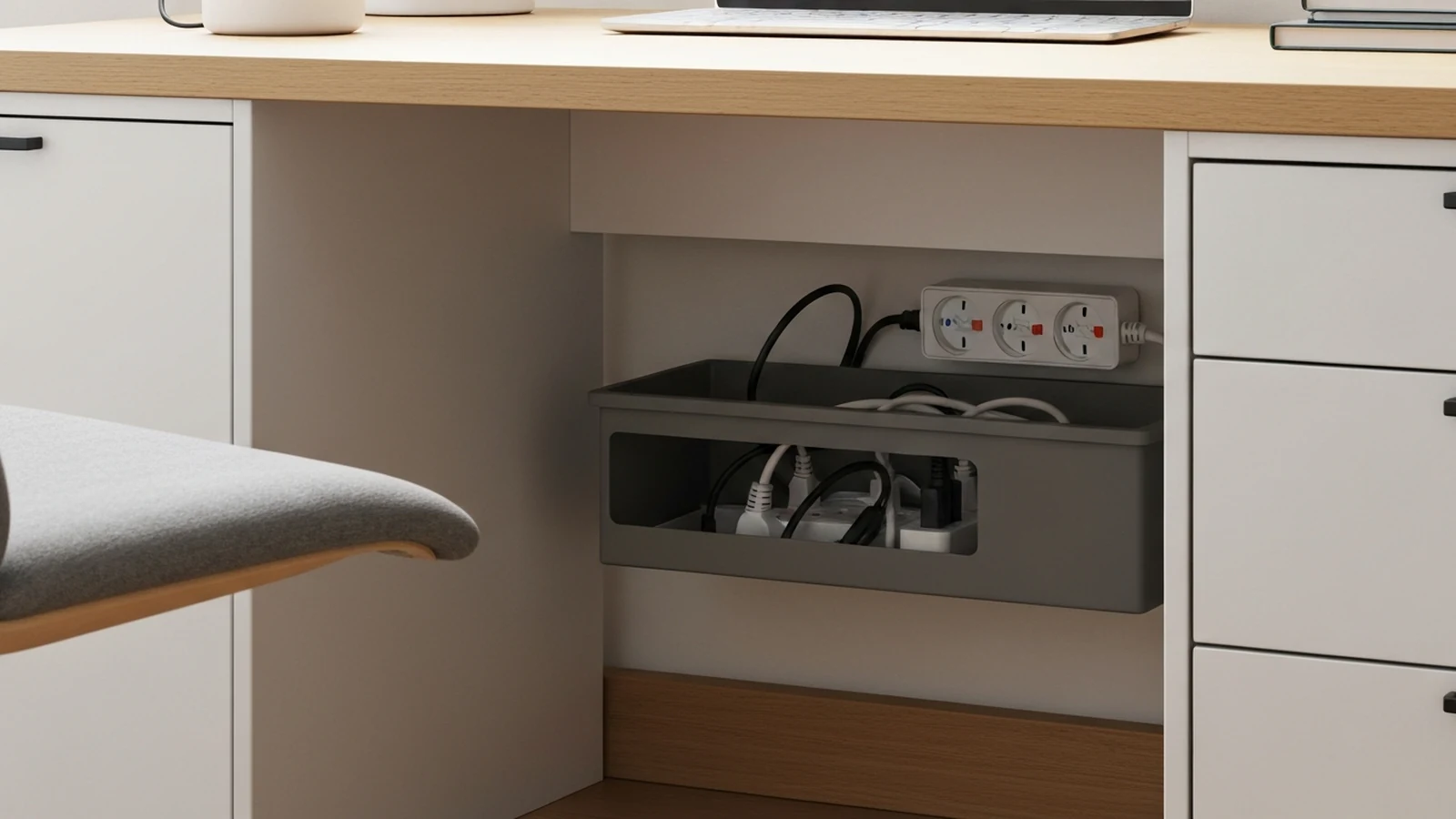 Photorealistic shortlist image for Best Cable Management Boxes for Home Offices in the UK (2026), showing a clean desk-productivity buying-guide scene.