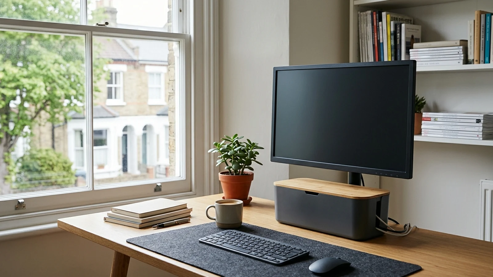 Photorealistic image of cable management boxes for rented flats for a UK shortlist buying guide.