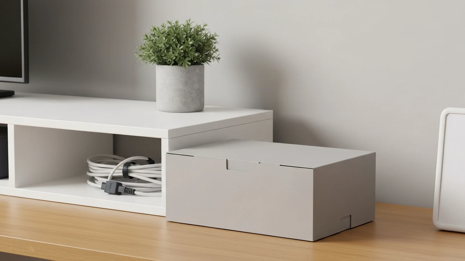 Photorealistic shortlist image for Best Cable Management Boxes in the UK (2026), showing a clean desk-productivity buying-guide scene.