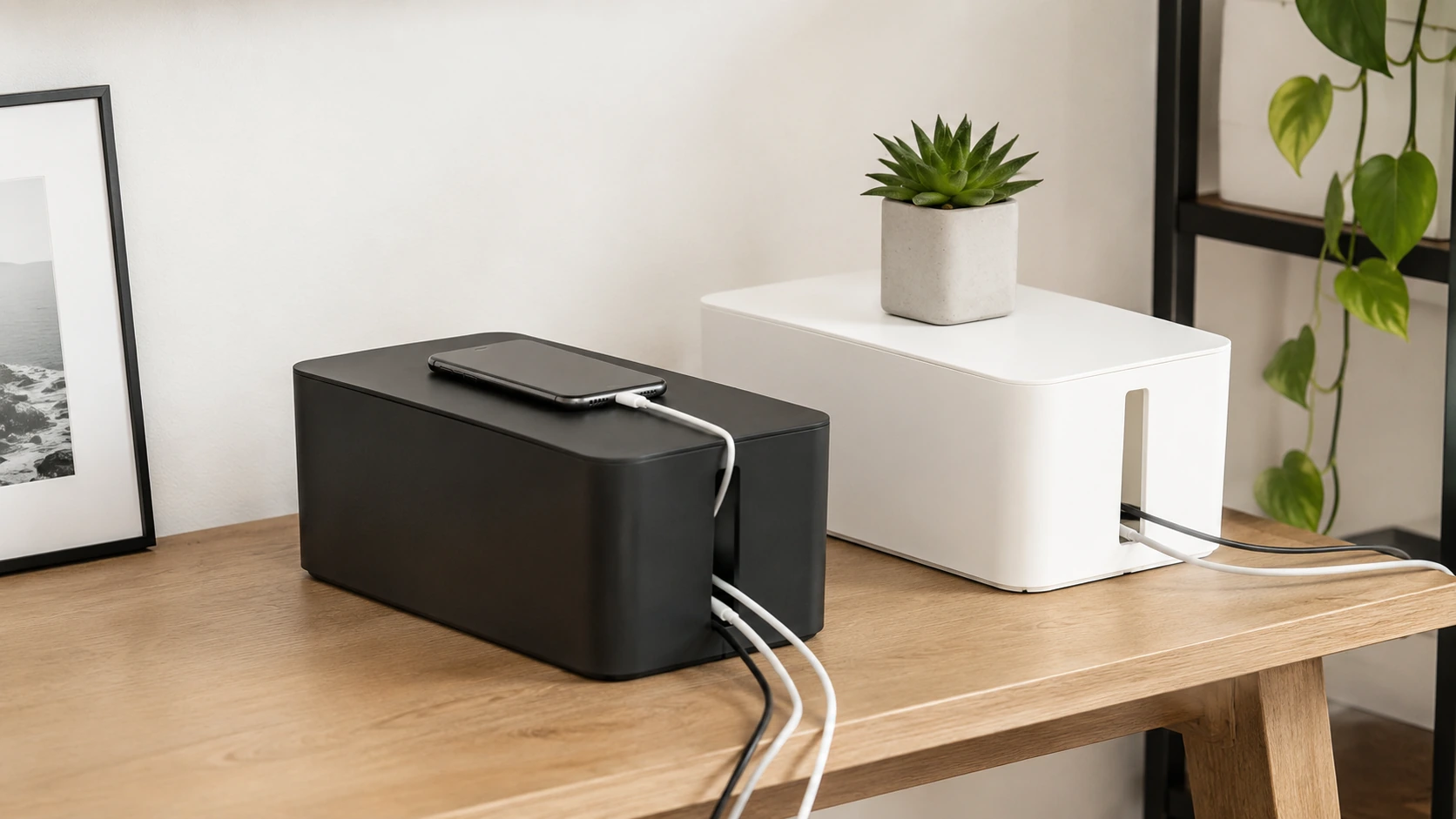 Photorealistic shortlist image for Best Cable Storage Boxes in the UK (2026), showing a clean desk productivity buying-guide scene.