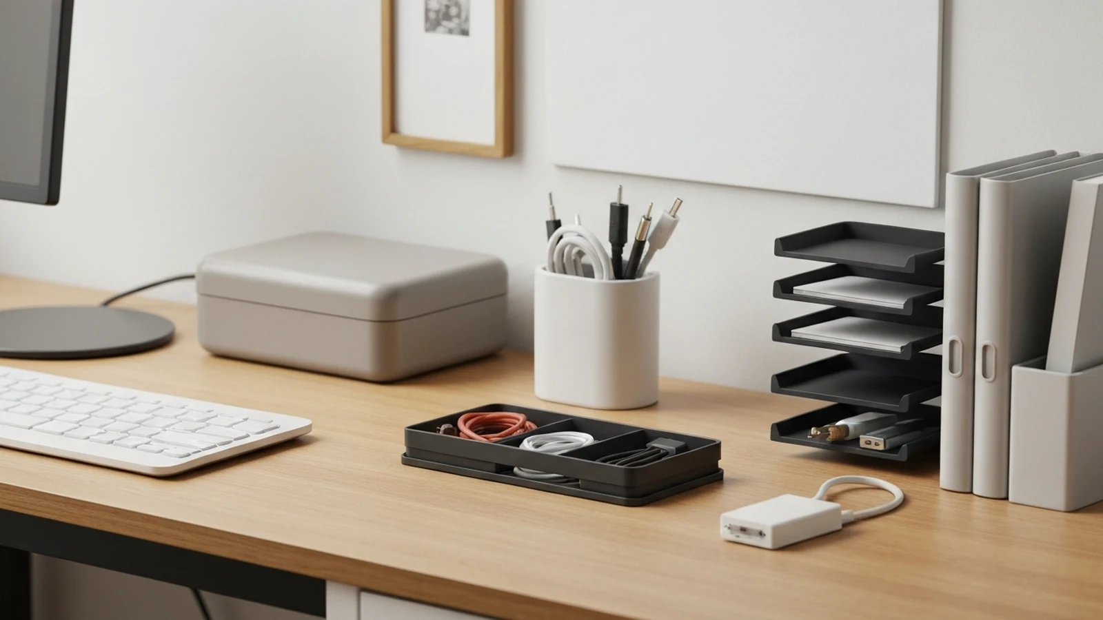 Photorealistic shortlist image for Best Desk Cable Trays in the UK (2026), showing a clean desk-productivity buying-guide scene.