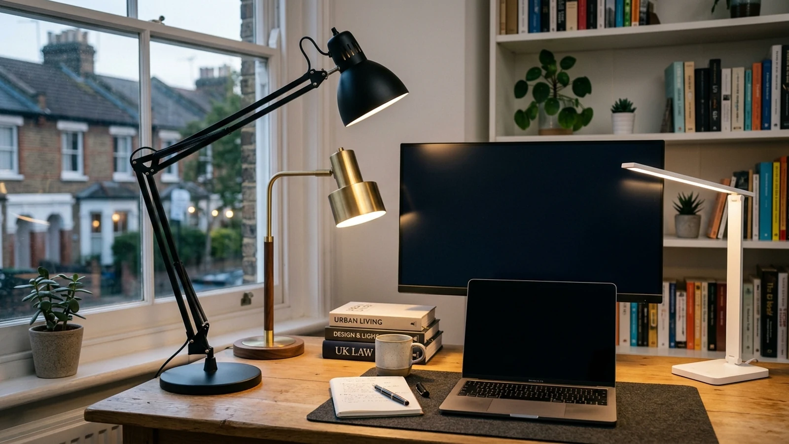 Photorealistic image of desk lamps for evening renter study for a UK shortlist buying guide.