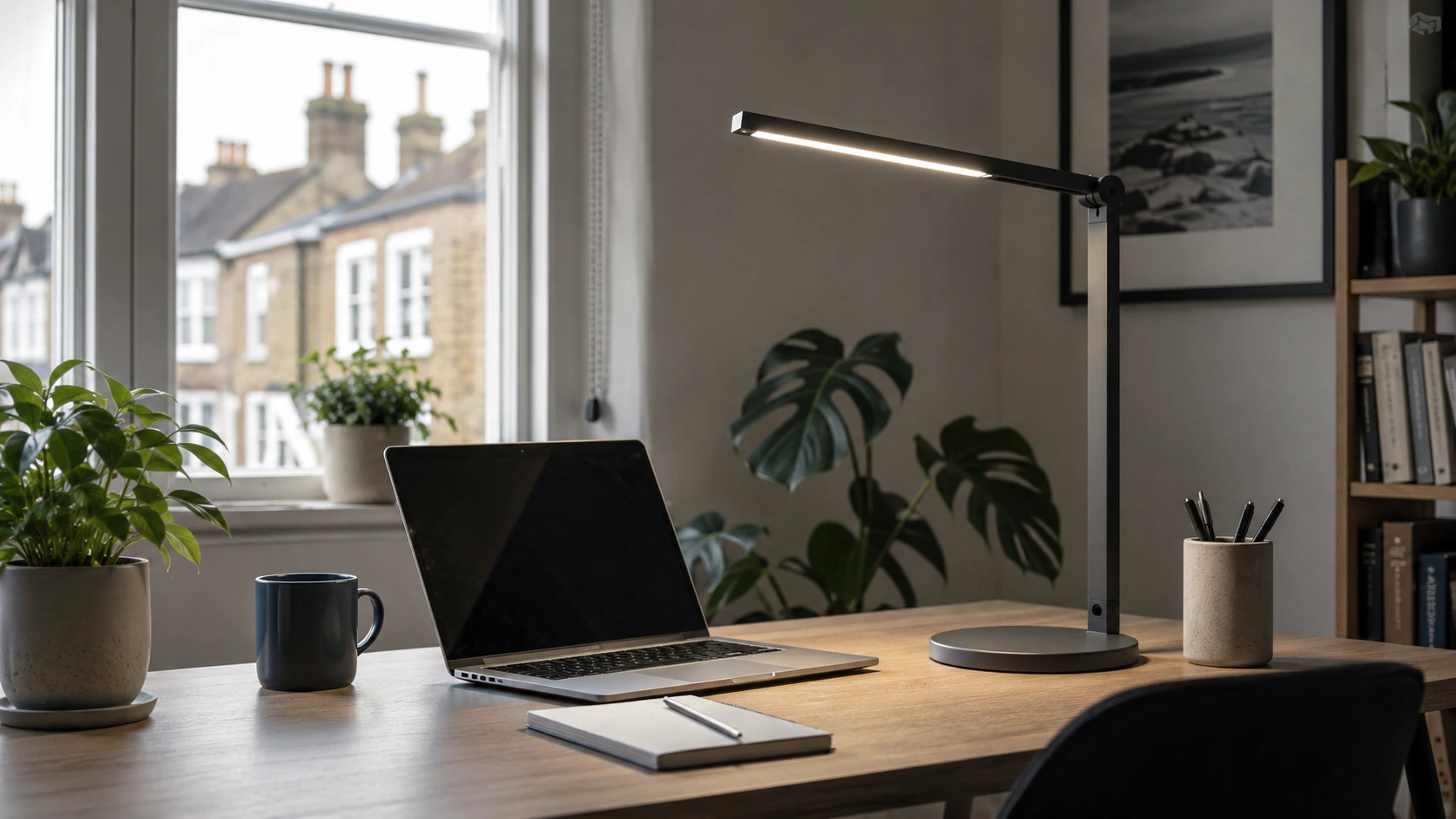 Photorealistic shortlist image for Best Desk Lamps for Home Offices in the UK (2026), showing a clean desk productivity buying-guide scene.