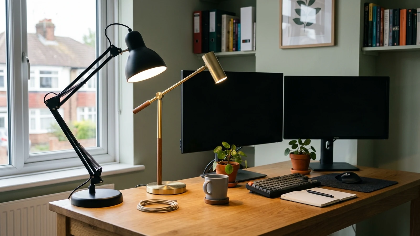 Photorealistic image of desk lamps for shared renter offices for a UK shortlist buying guide.