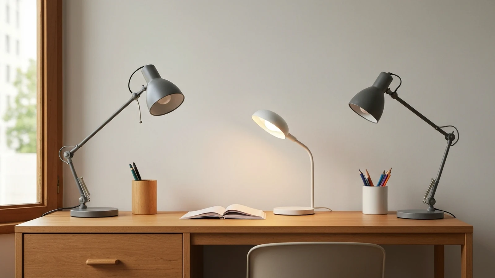 Photorealistic shortlist image for Best Desk Lamps for Small Desks in the UK (2026), showing a clean desk-productivity buying-guide scene.