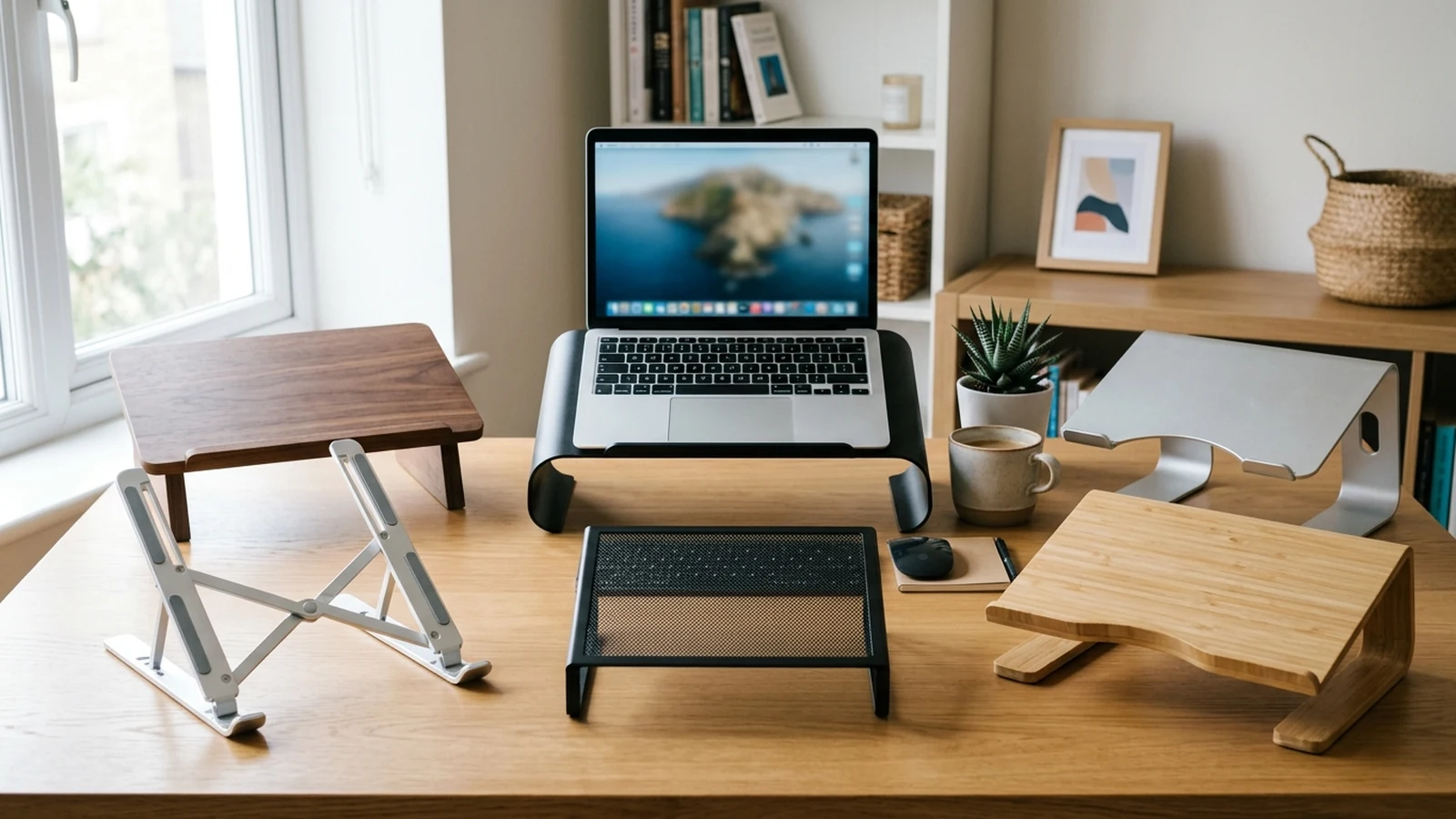 Photorealistic shortlist image for Best Laptop Stands for Desks Under £50 in the UK (2026), showing a clean desk-productivity buying-guide scene.