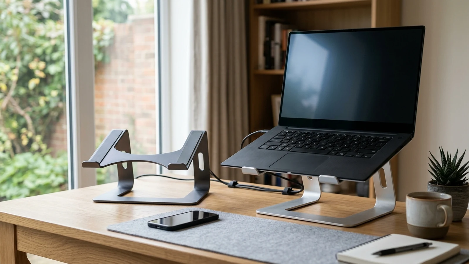 Photorealistic image of laptop stands for hot desks for a UK shortlist buying guide.