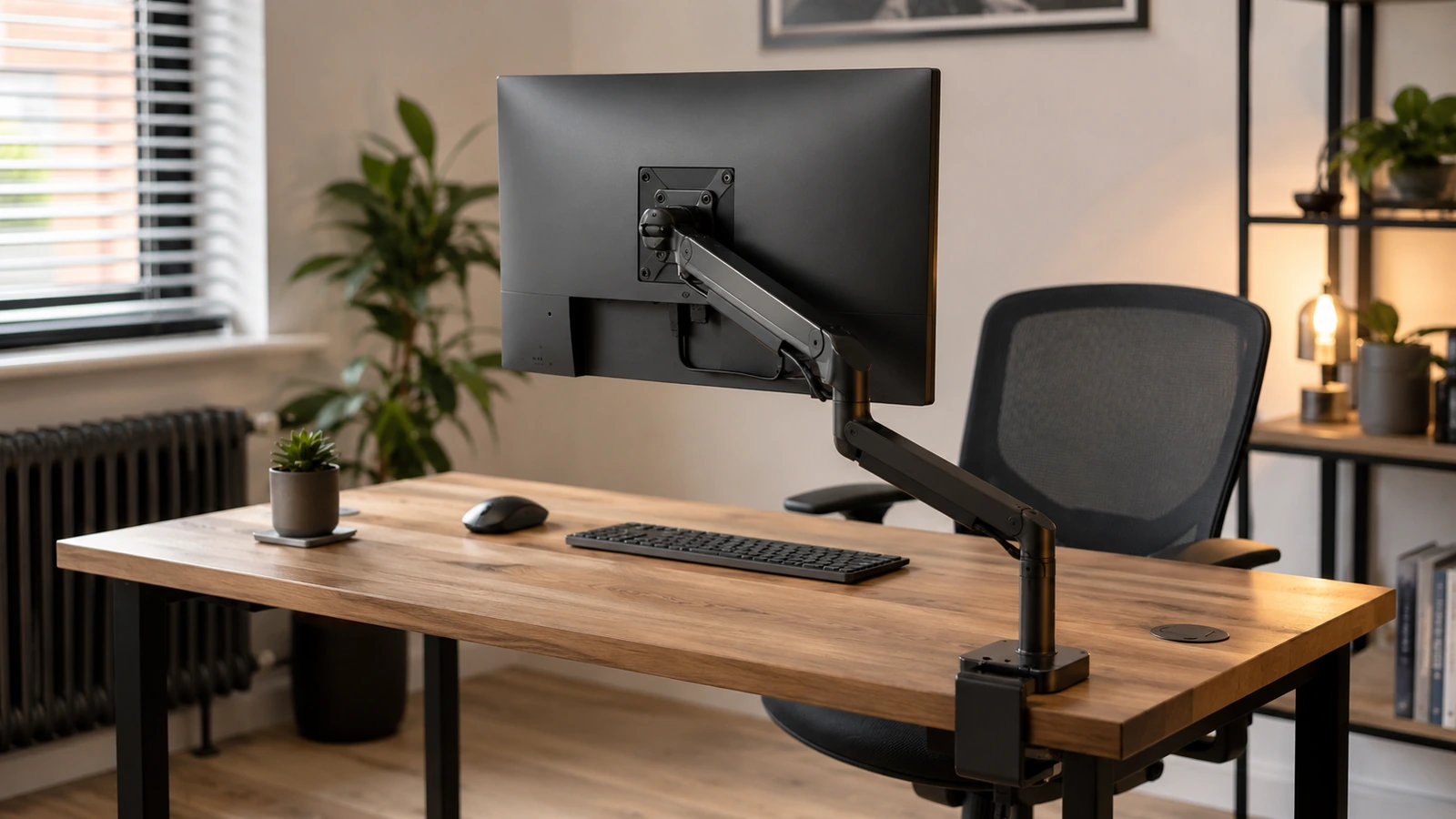 Photorealistic shortlist image for Best Monitor Arms for Small Desks in the UK (2026), showing a clean desk-productivity buying-guide scene.