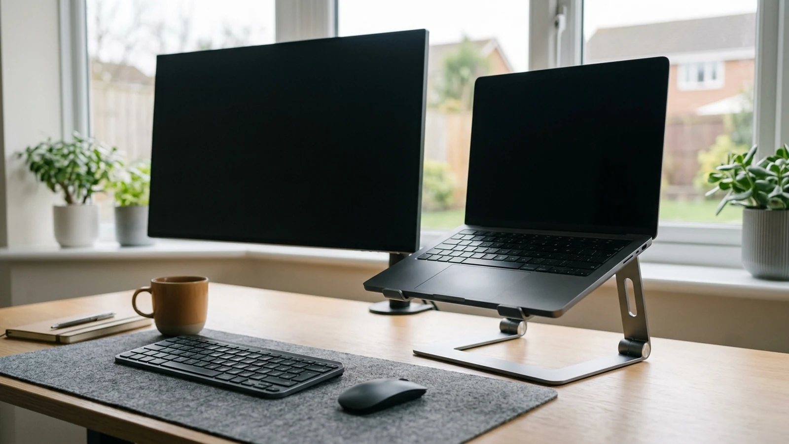 Photorealistic image of portable laptop stands for hybrid work for a UK shortlist buying guide.