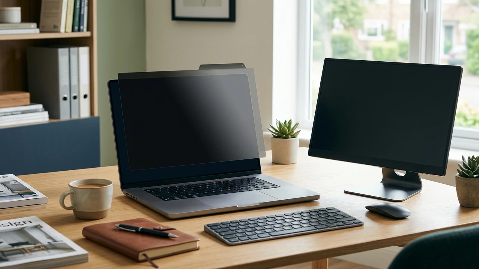 Photorealistic image of privacy screens for laptops for a UK shortlist buying guide.