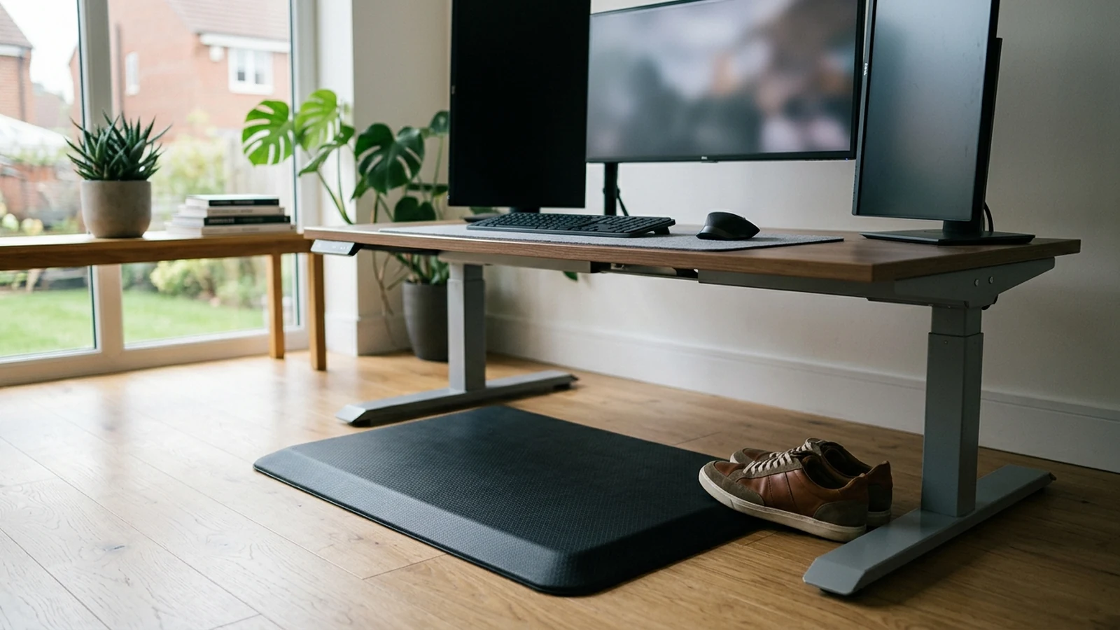 Photorealistic image of standing desk anti fatigue mats for a UK shortlist buying guide.