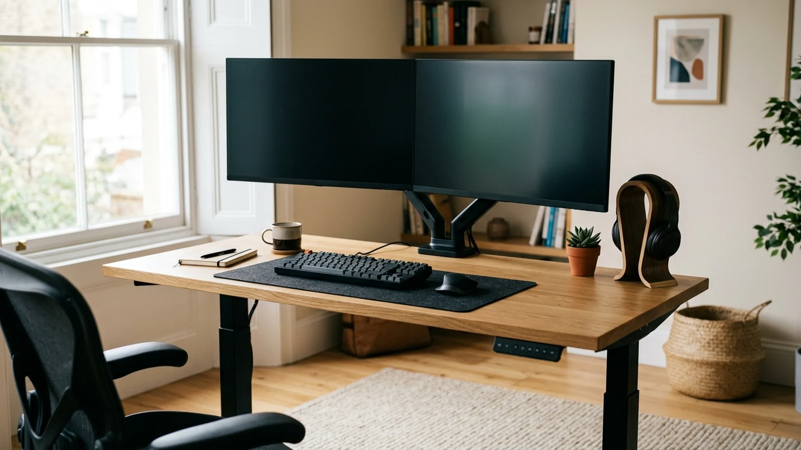 Photorealistic image of standing desks for dual monitor setups for a UK shortlist buying guide.