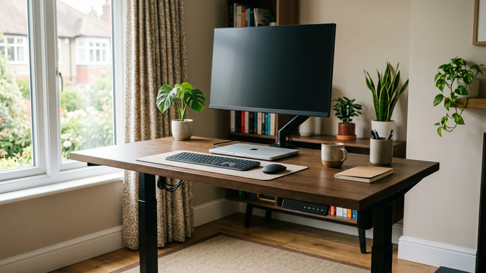 Photorealistic image of standing desks for home offices for a UK shortlist buying guide.