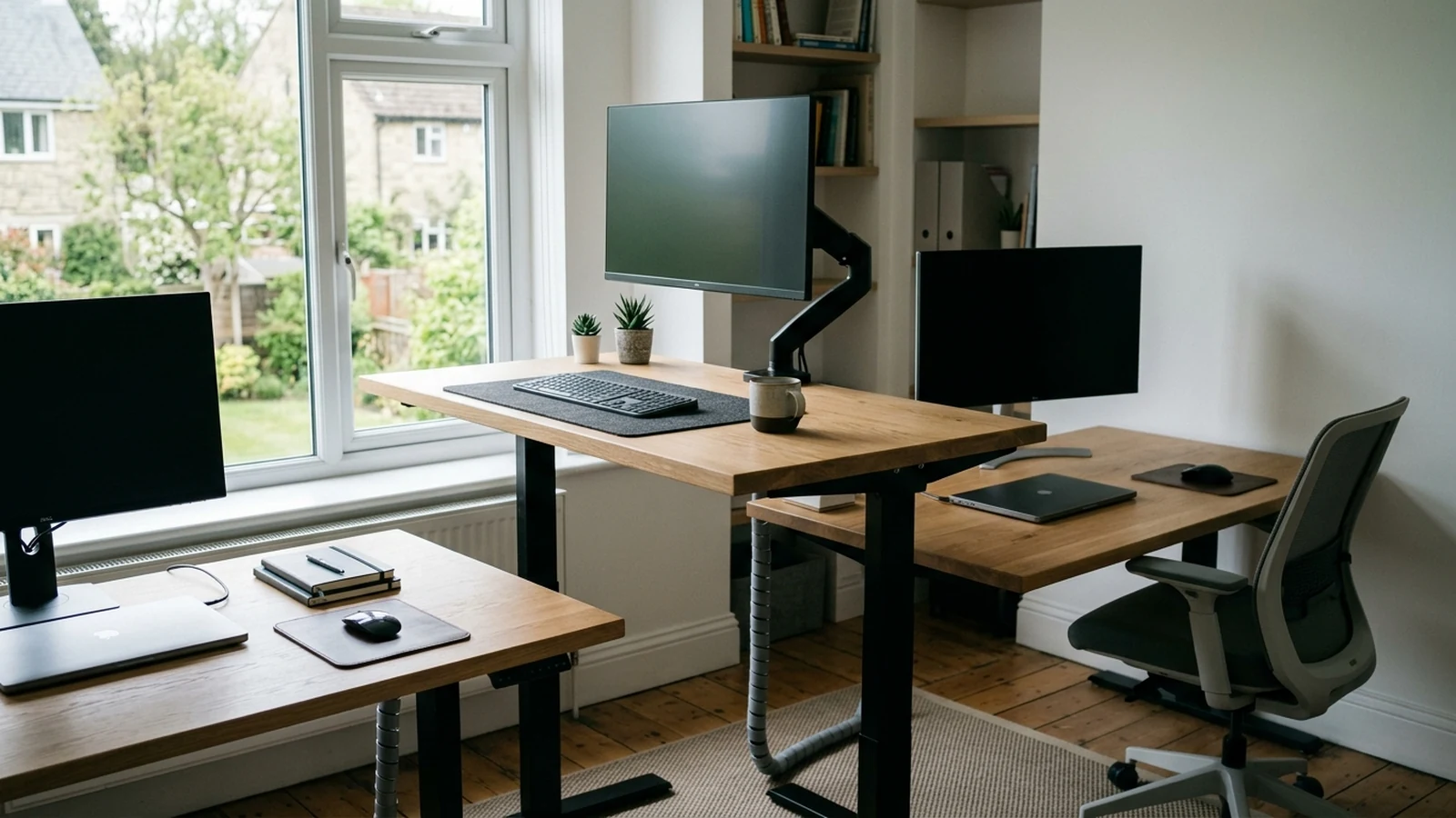 Photorealistic image of standing desks for shared home offices for a UK shortlist buying guide.
