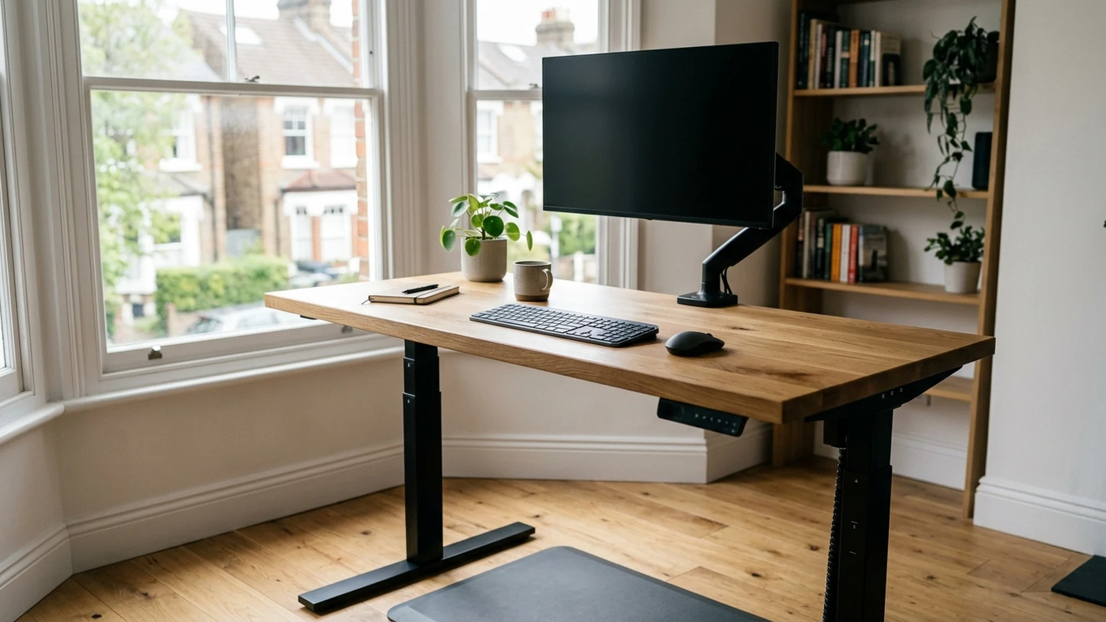 Photorealistic image of standing desks for tall users for a UK shortlist buying guide.
