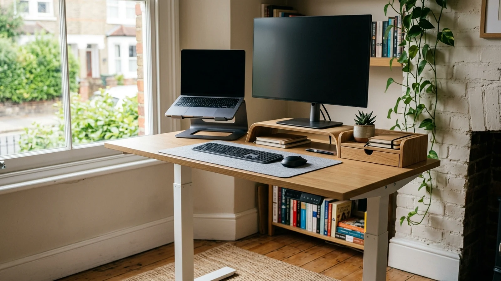 Photorealistic image of standing desks for small home offices for a UK shortlist buying guide.