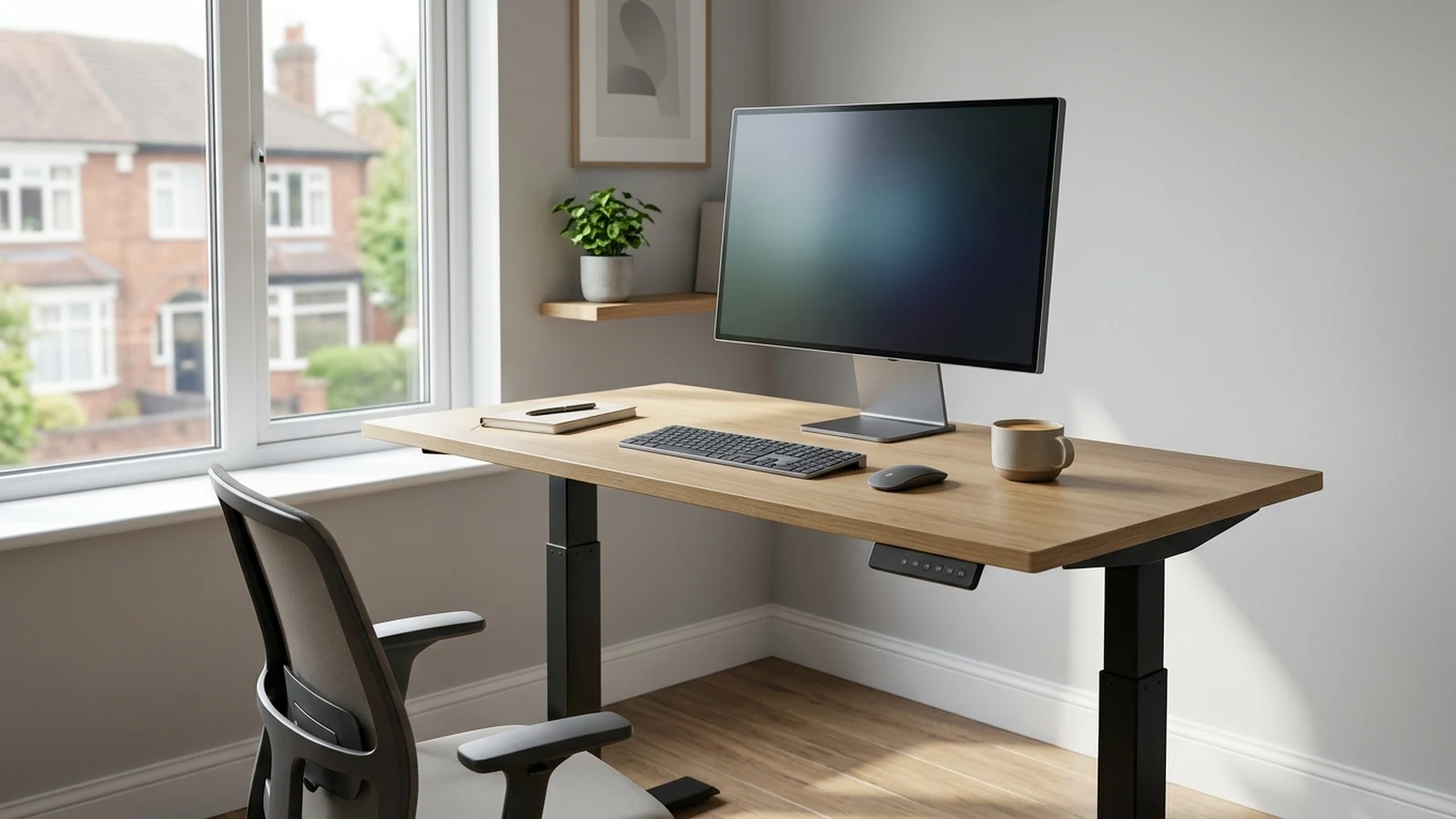 Photorealistic image of standing desks under £300 for a UK shortlist buying guide.