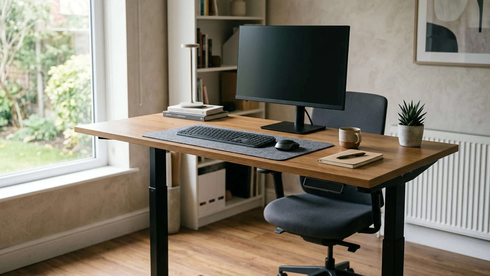 Photorealistic image of standing desks under £500 for a UK shortlist buying guide.