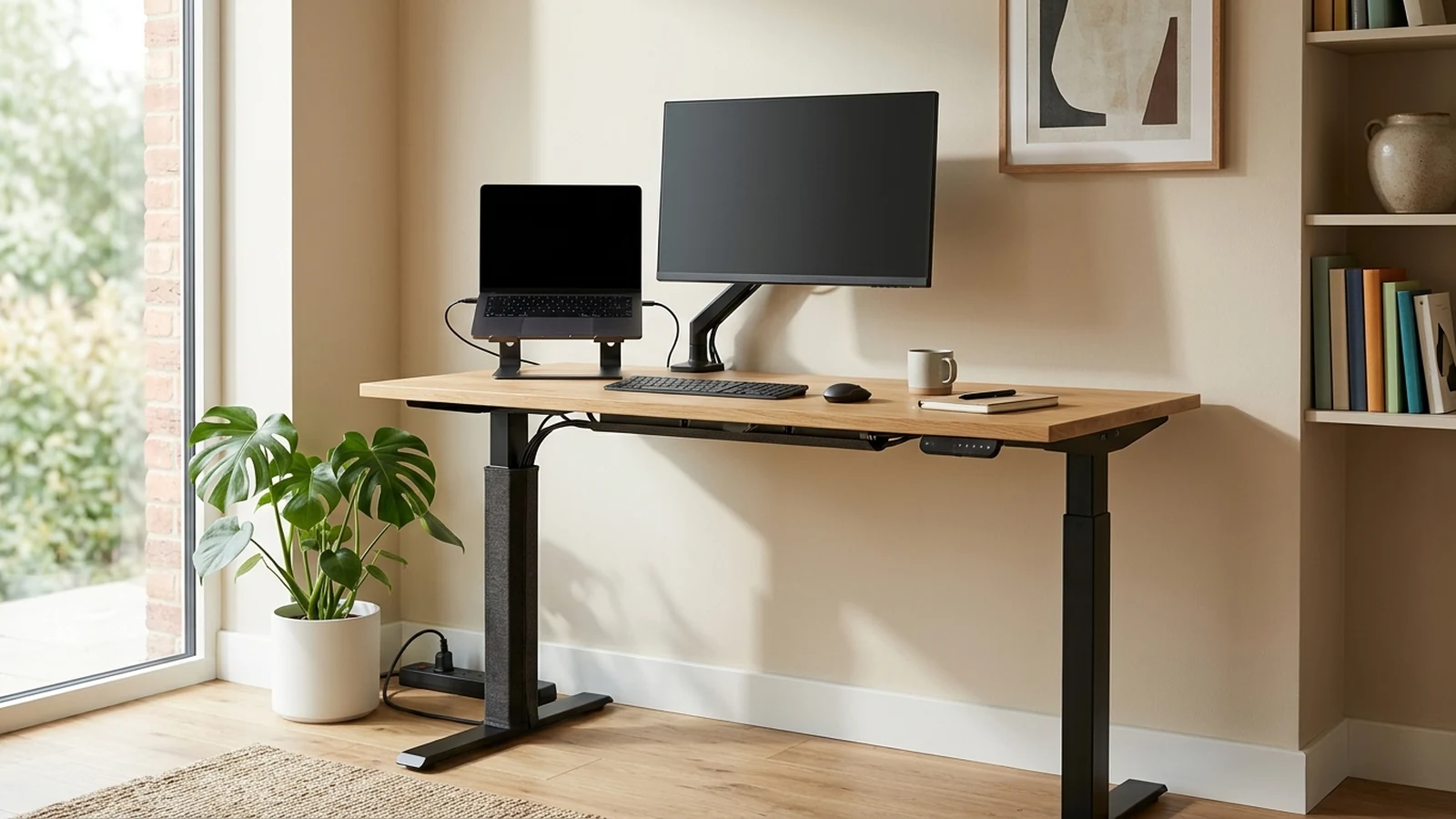 Photorealistic image of standing desks with cable management for a UK shortlist buying guide.