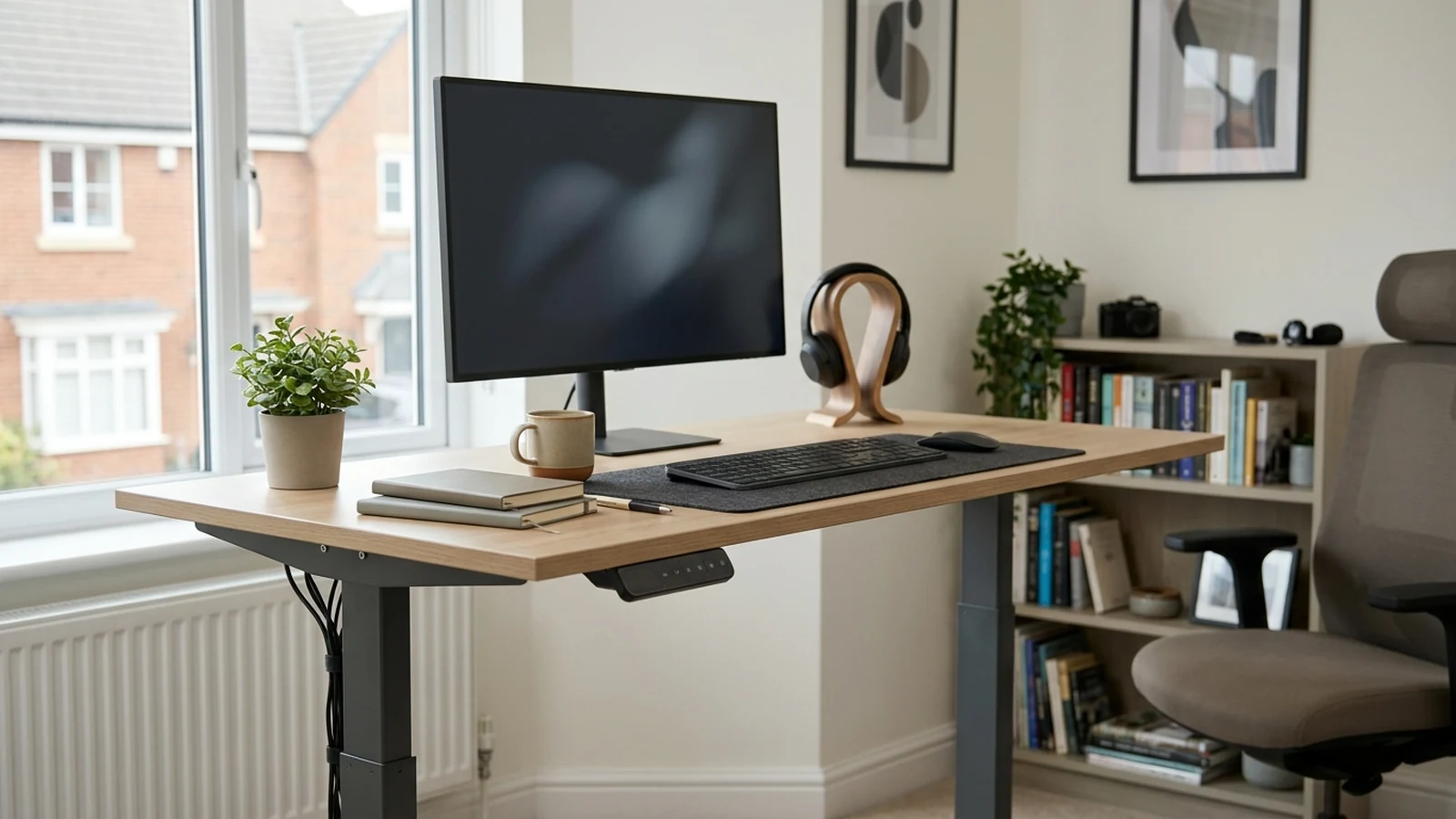 Photorealistic image of standing desks with quiet motors for a UK shortlist buying guide.